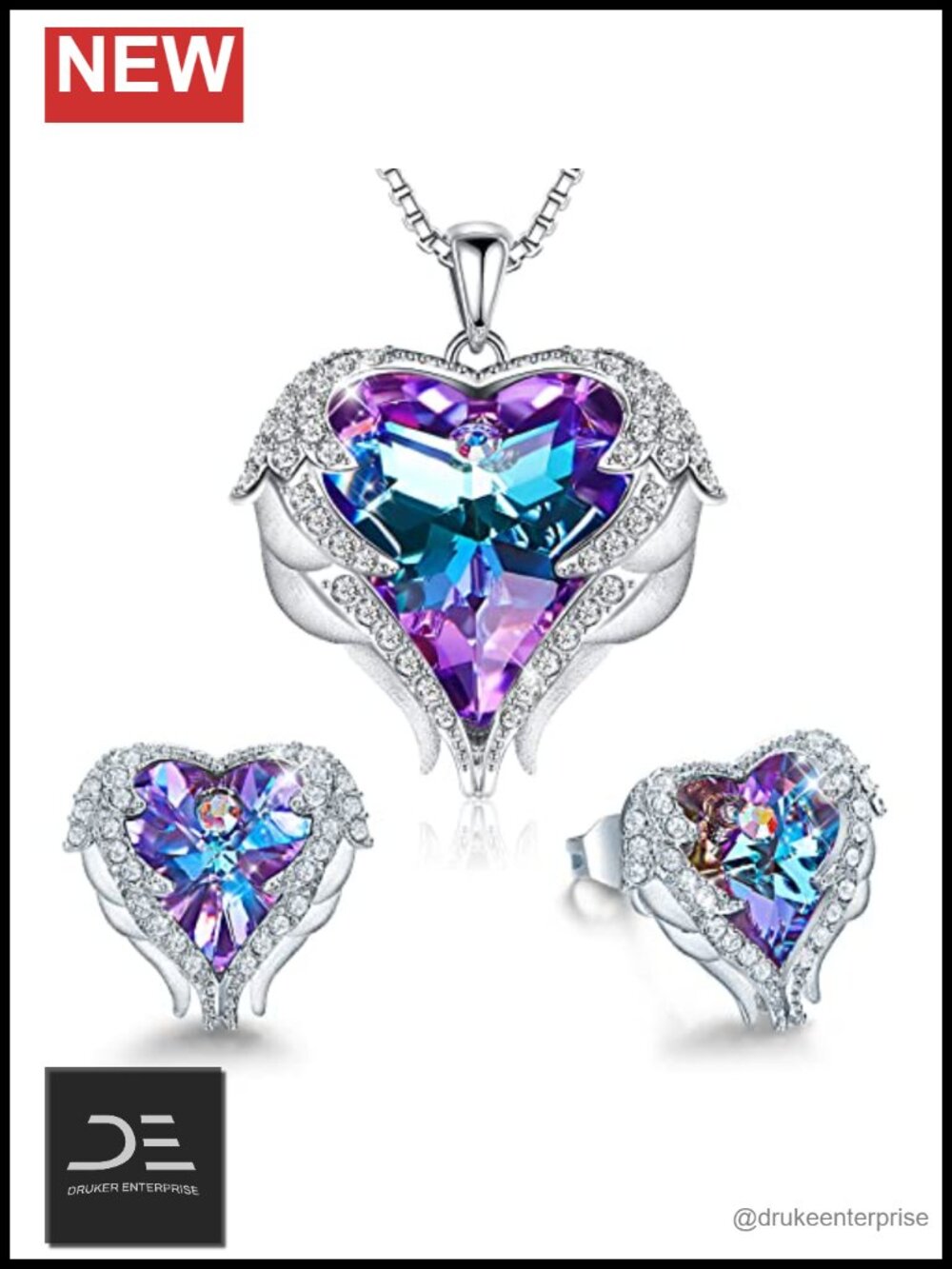 Angel Wing Heart Crystal Necklace & Earrings Set w/ Birthstone Pendant